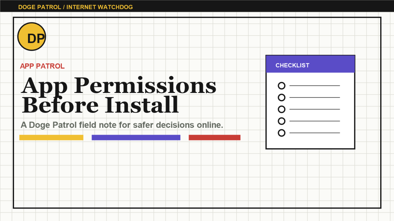 Doge Patrol illustration for reviewing app permissions before installation.