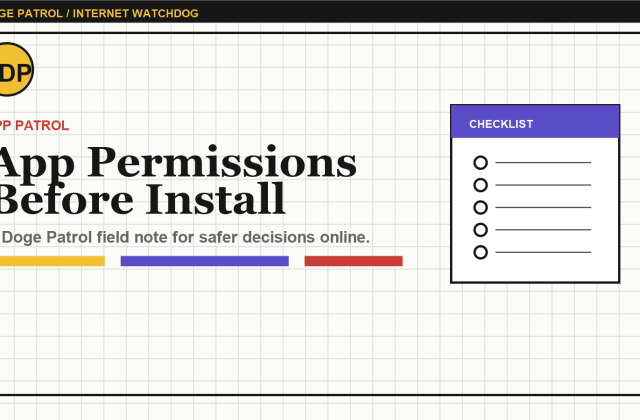 Doge Patrol illustration for reviewing app permissions before installation.