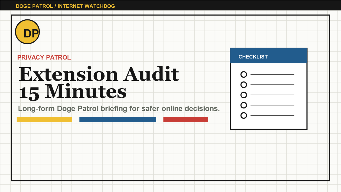 Doge Patrol illustration for Browser Extension Audit: A 15-Minute Cleanup for Safer Work.