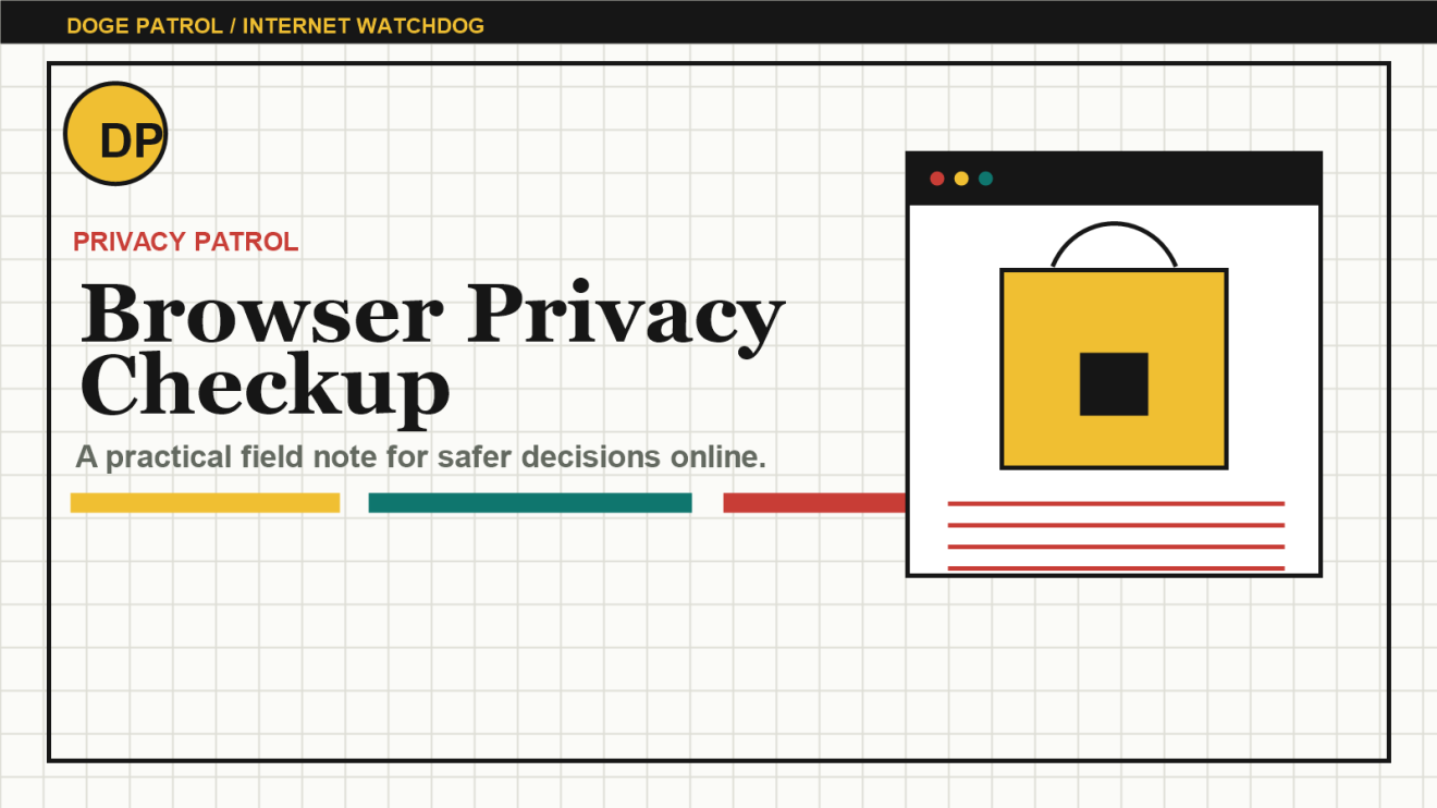 Doge Patrol illustration for a browser privacy and tracker checkup.