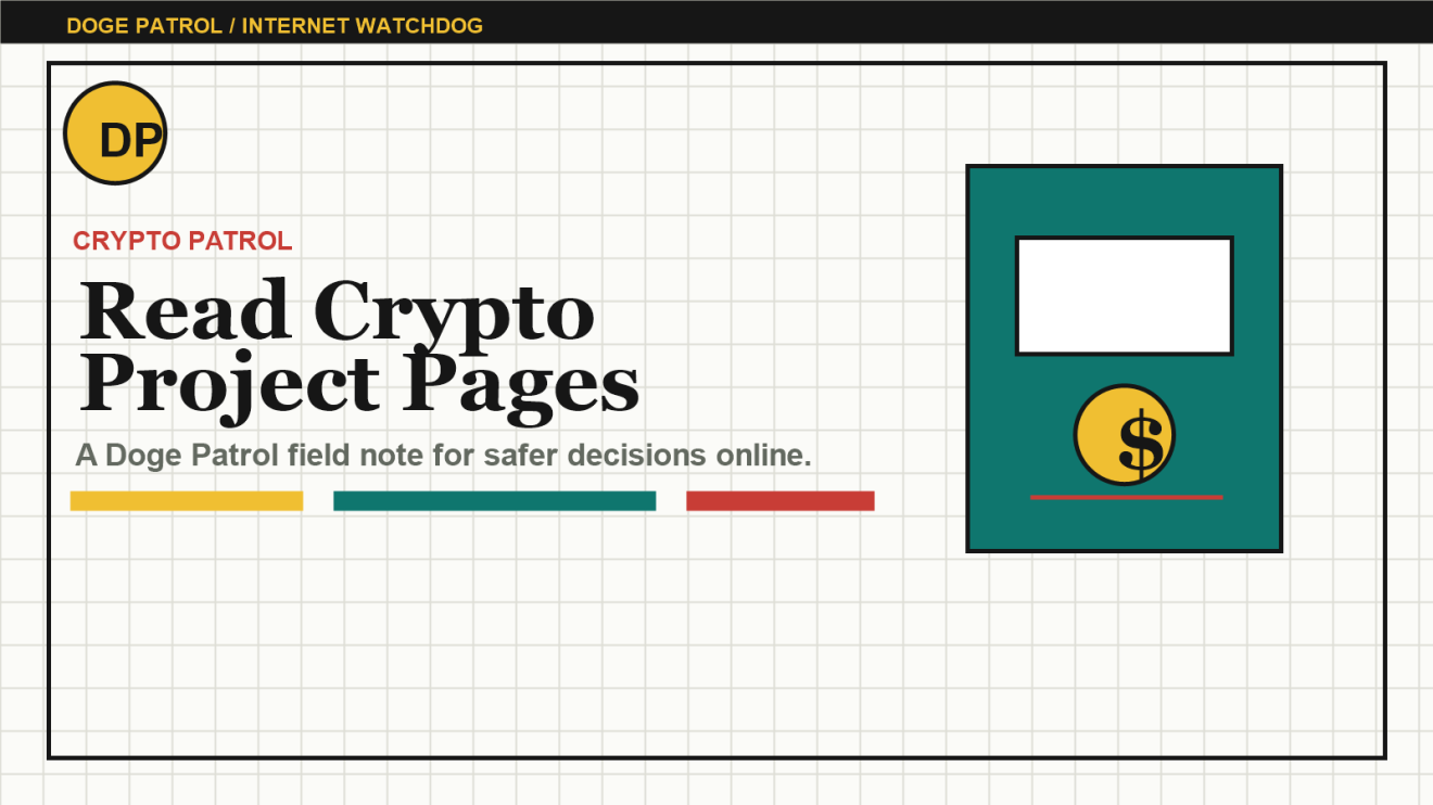 Doge Patrol illustration for reading crypto project websites critically.