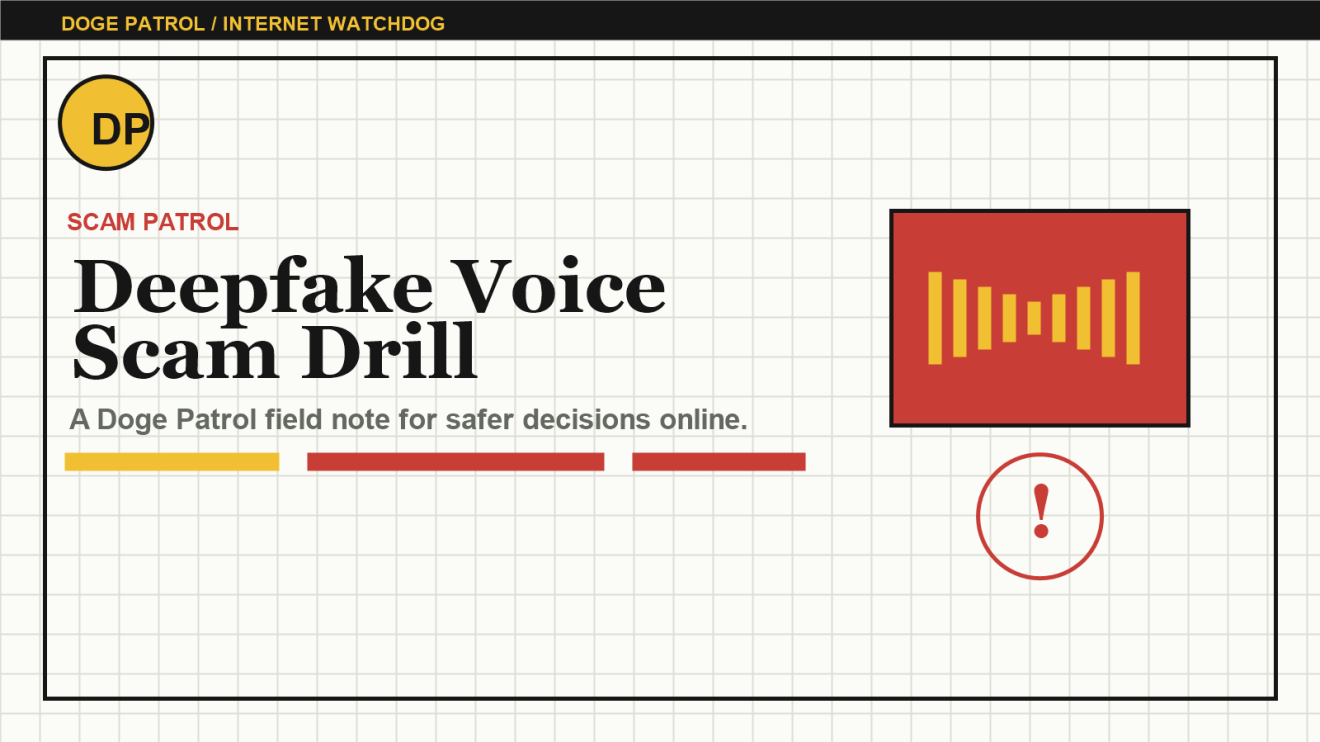 Doge Patrol illustration for a deepfake voice scam verification drill.