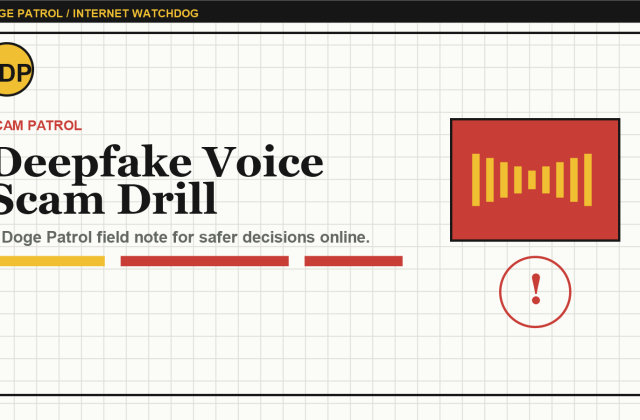 Doge Patrol illustration for a deepfake voice scam verification drill.