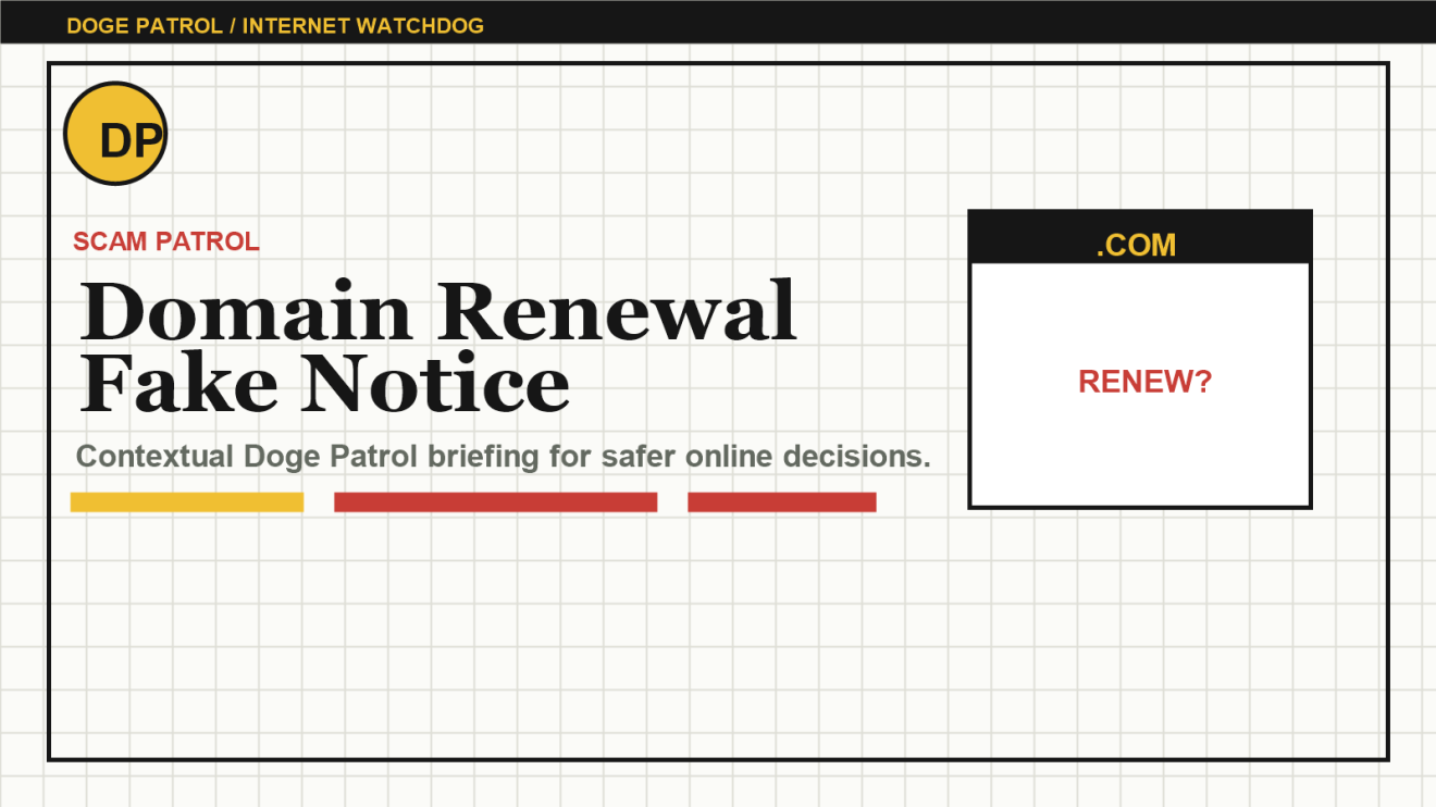 Doge Patrol contextual illustration for Domain Renewal Scams: The Notice That Looks Like Admin Work.