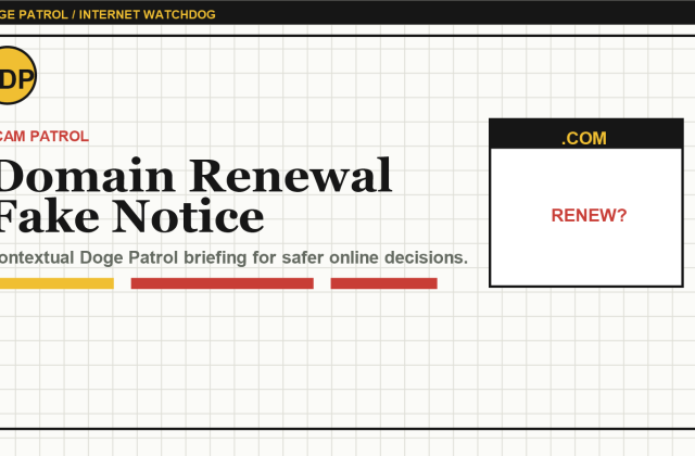 Doge Patrol contextual illustration for Domain Renewal Scams: The Notice That Looks Like Admin Work.
