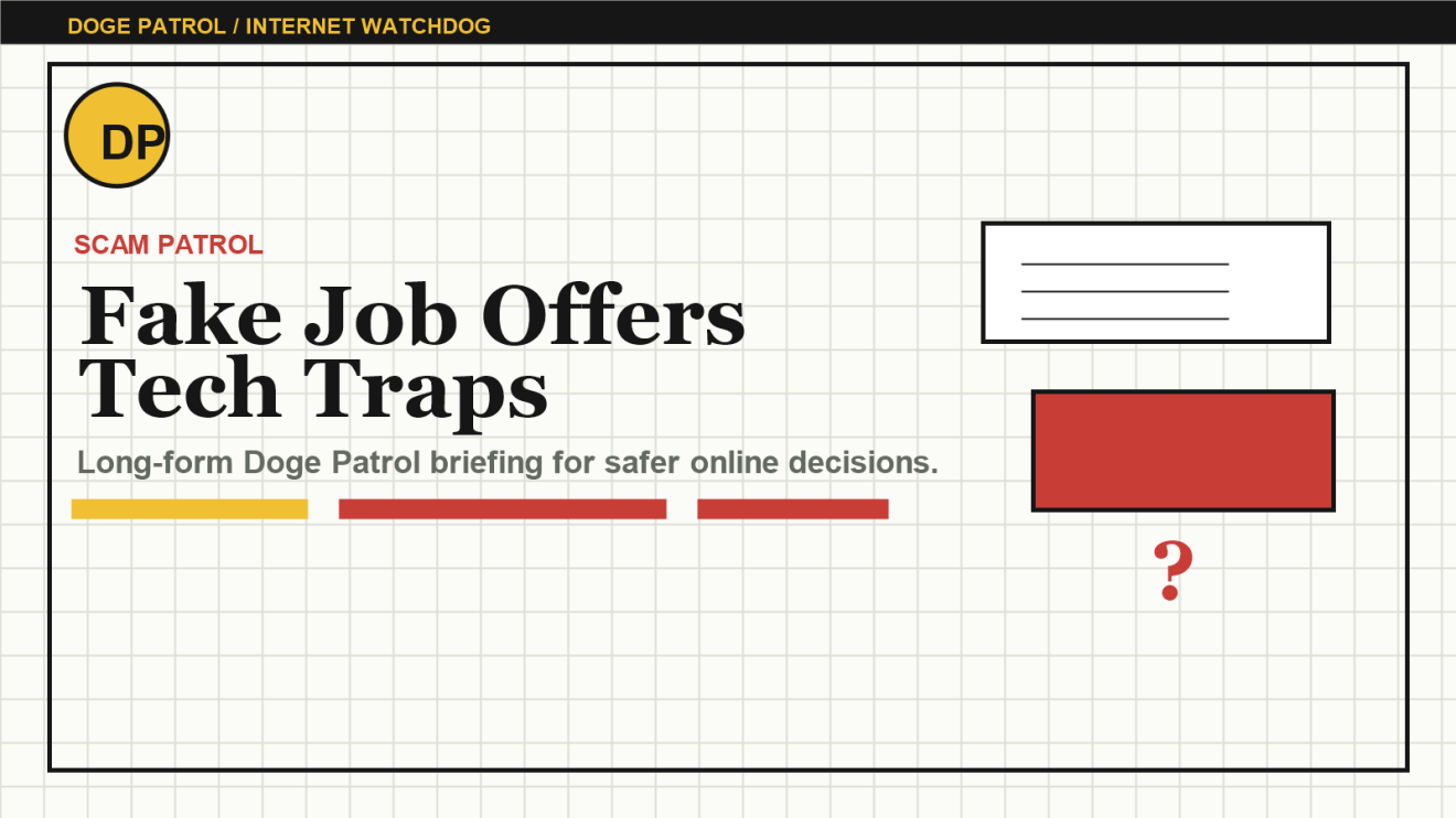 Doge Patrol illustration for Fake Job Offers in Tech: Red Flags Before the Interview Becomes a Trap.