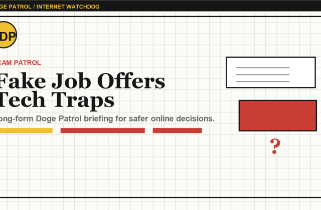 Doge Patrol illustration for Fake Job Offers in Tech: Red Flags Before the Interview Becomes a Trap.