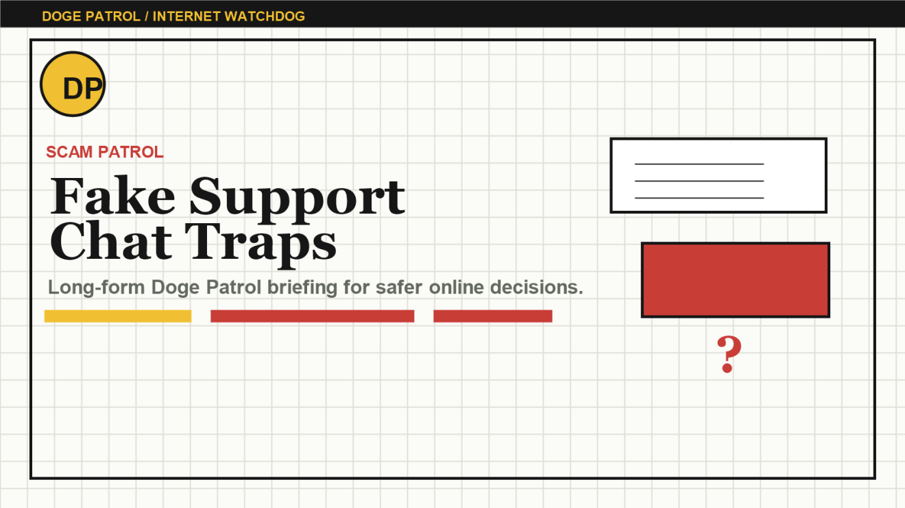 Doge Patrol illustration for Fake Support Chats: How Scammers Turn Help Requests Into Account Takeovers.