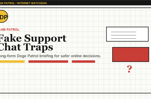 Doge Patrol illustration for Fake Support Chats: How Scammers Turn Help Requests Into Account Takeovers.