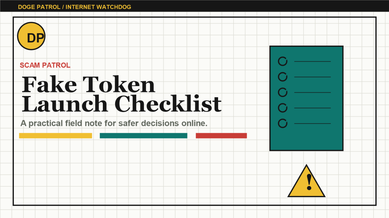 Doge Patrol illustration for a scam patrol checklist about fake token launches.