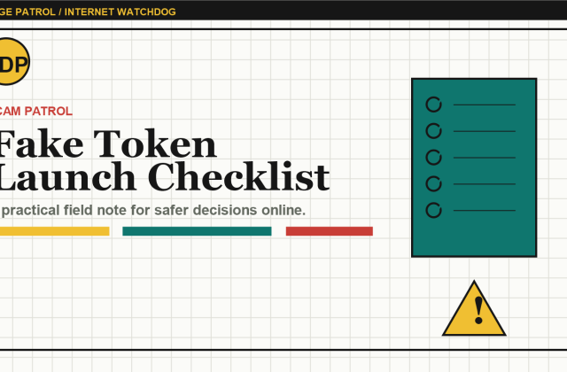 Doge Patrol illustration for a scam patrol checklist about fake token launches.