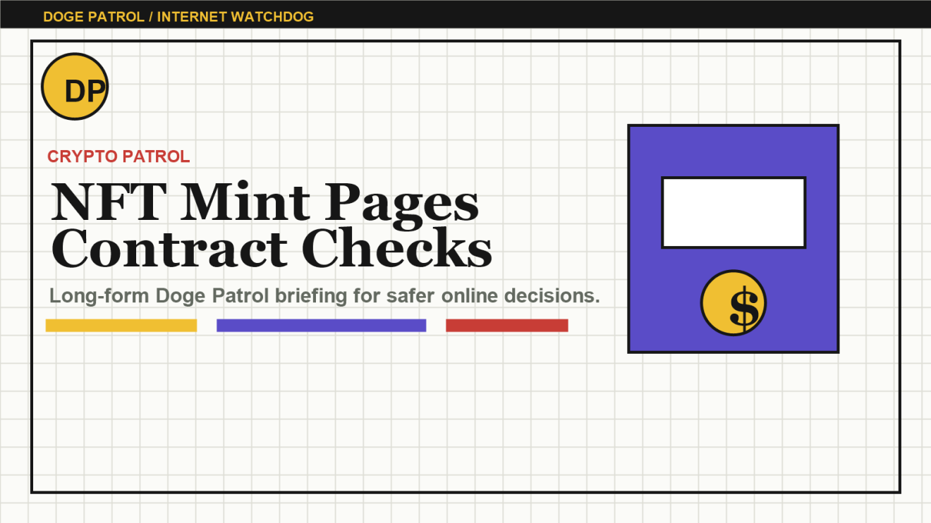 Doge Patrol illustration for NFT Mint Pages: Contract Checks Before the Artwork Distracts You.