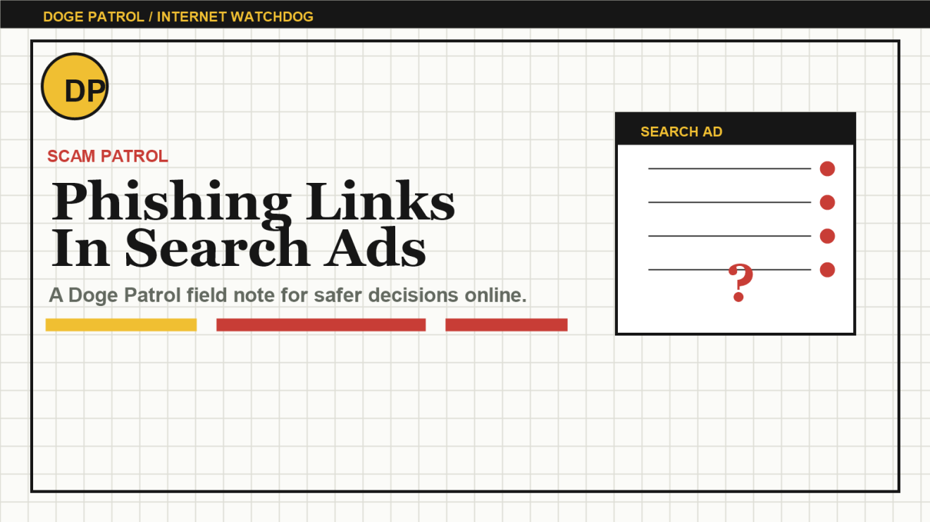 Doge Patrol illustration for checking phishing links in search ads.