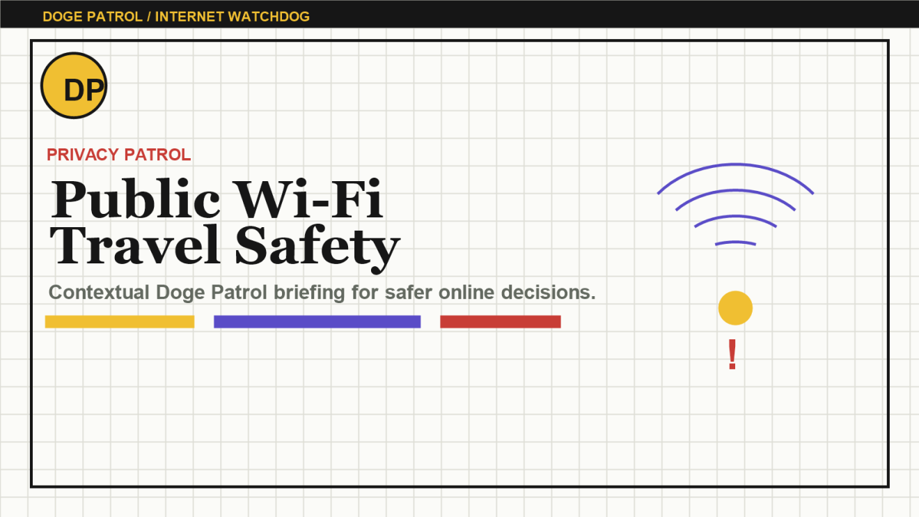 Doge Patrol contextual illustration for Public Wi-Fi Travel Safety: A Field Routine for Hotels, Airports, and Cafes.