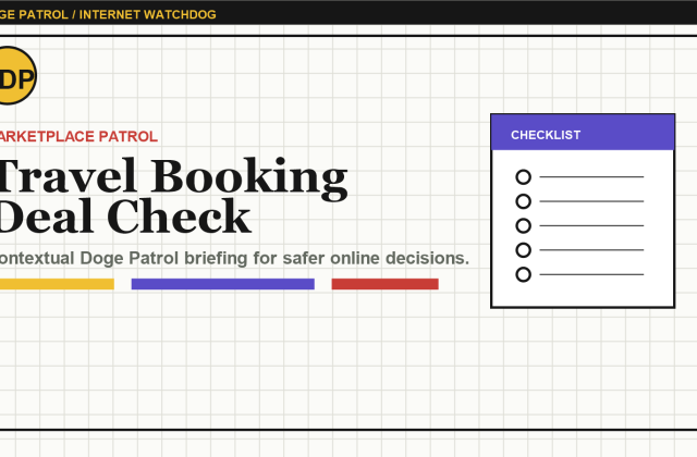 Doge Patrol contextual illustration for Travel Booking Scams: The Deal Page That Disappears After Payment.